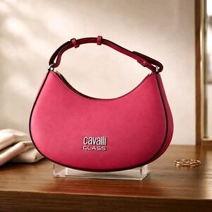 Cavalli Class Pink Crescent Hobo Shoulder Bag with Contrast Trim